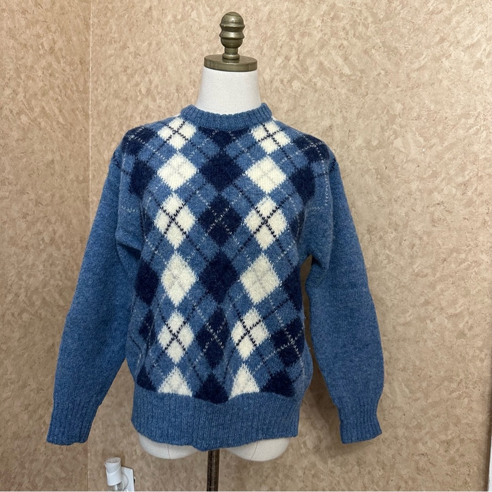 VTG Medium Blue 100% Shetland Wool Argyle Chunky Knit Sweater